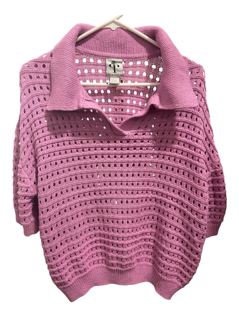 Rain + Rose open‑knit v-neck collared sweater top